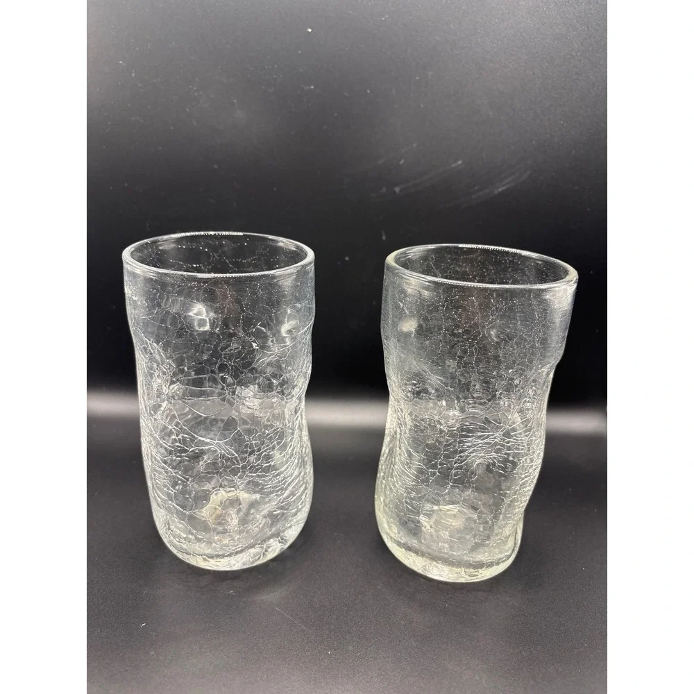 Set of 2 Hand Blown Clear Crackle Glass Tumblers Organic Wavy Shape Highball
